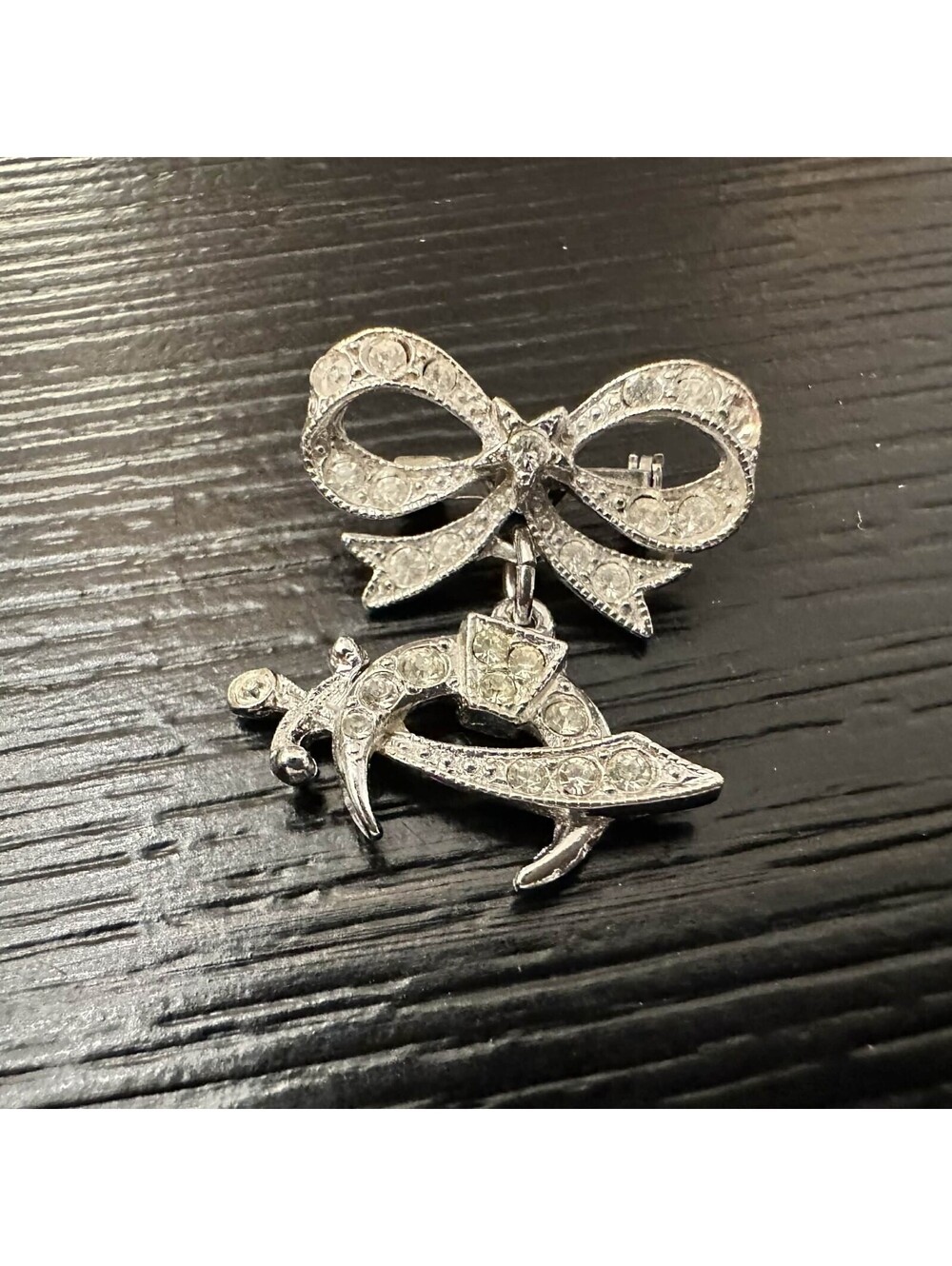 Vintage ORA Shriner Sword Crescent Rhinestone Bow Dangle Pin Brooch Silver Tone